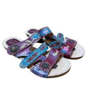 LArtiste Sz 37 Jamila Cabernet Leather Floral Wedge Sandals Artsy Whimsical Boho